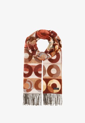Soft woven scarf with red, brown, beige circular patterns, fringed ends, and a small rectangular fabric brand label on one side.
