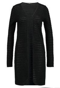 Öppen svart cardigan i strukturerad textil. Långa ärmar med vertikalt randmönster, når till mitten av låren.