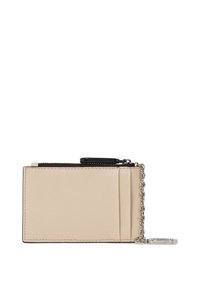 Beige leather card holder with zip pocket, chain accent, and card slots. Textured surface with black zipper and hardware details.
