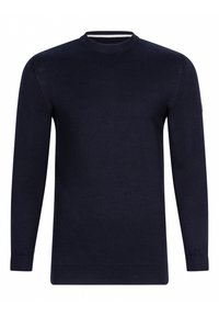 Granatowy sweter dzianinowy z długimi rękawami, okrągłym dekoltem, prążkowanymi mankietami oraz subtelnym poziomym paskiem na linii dekoltu.