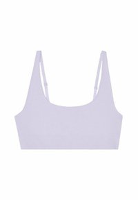 Ljuslila ribbad bralette med breda axelband och rundad halsringning. Slät textur med elastiskt band i nederkant. Enkel, sömlös design.