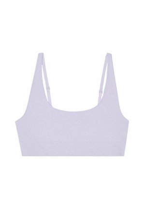 Lichtpaarse geribbelde bralette met brede banden en een ronde halslijn. Soepele textuur met een elastische band aan de onderkant. Eenvoudig, naadloos ontwerp.