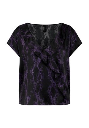 Black blouse with a purple snake print pattern, featuring a V-neckline and a ruffled front detail. Short sleeves and a loose fit.