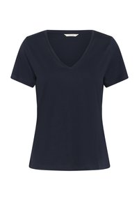 Camiseta de manga corta azul marino hecha de algodón suave, con un diseño de escote en V y una silueta ajustada sin patrones ni acentos.