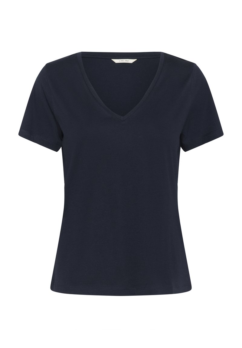 Camiseta de manga corta azul marino hecha de algodón suave, con un diseño de escote en V y una silueta ajustada sin patrones ni acentos.