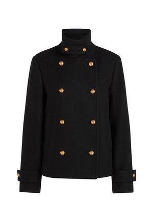 Black wool-blend coat featuring a high collar, double-breasted design, gold button accents, and two side pockets.