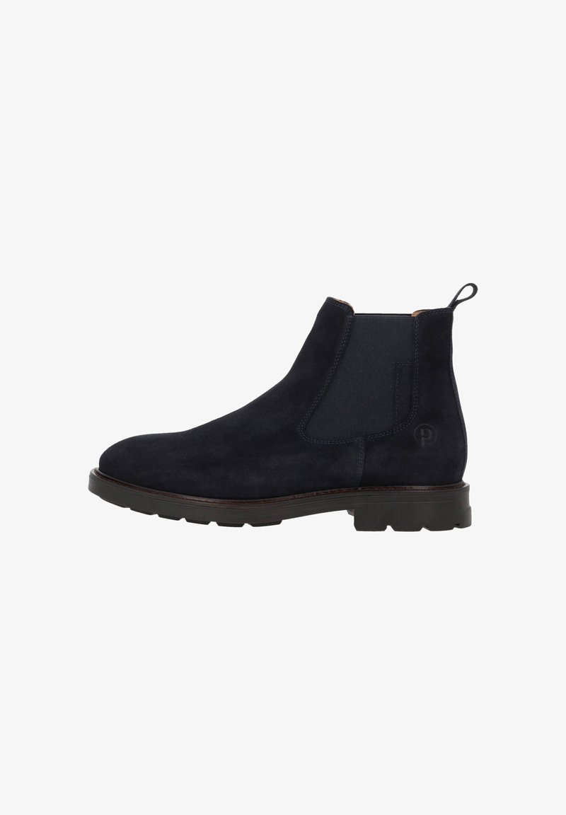 Botas Chelsea de ante en color navy con paneles laterales elásticos, una lengüeta y una suela de goma resistente. Presentan detalles de costura en contraste.