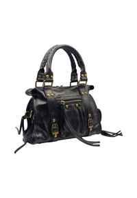 Sac à main en cuir noir avec des poignées supérieures tressées, des accessoires en laiton, une poche frontale zippée et des pompons décoratifs. Dispose de plusieurs compartiments.