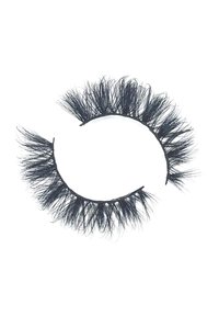 Synthetic black false eyelashes with a curved band, featuring long, wispy strands for a dramatic effect. Visible texture and individual strands.