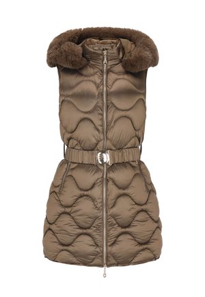 Padded sleeveless vest w oliwkowym kolorze z kołnierzem z sztucznego futra, wzorem pikowania w zygzak, z zapięciem na zamek z przodu i paskiem w talii. Akcenty w kolorze srebrnym.