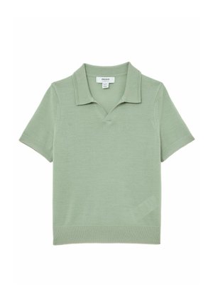 Jasnozielona koszulka polo z krótkim rękawem, wykonana z miękkiej dzianiny, z płaskim kołnierzykiem, dekoltem w kształcie litery V oraz ściągaczem na dole.