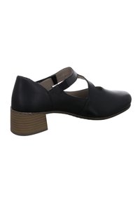 Chaussure en cuir noir à bout rond, avec un design découpé et un petit talon épais. Dotée d'une bride sur le dessus du pied et d'une texture lisse.