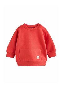 Röd sweatshirt med rund hals, nedhasade axlar, långa ärmar, en framficka och sidoknappar. Tillverkad av mjukt, texturerat tyg.