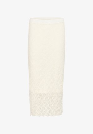 White lace pencil skirt with a textured floral pattern, featuring a knee-length cut and a solid waistband. Smooth finish at the hem.