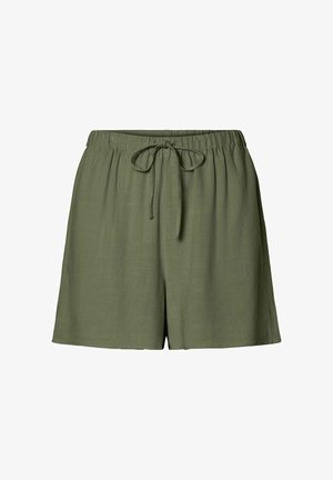 Voľné šortky olivovo zelenej farby s elastickým pásom a predným sťahovacím šnúrkou.
