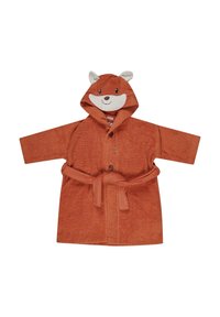 Orange terry cloth bathrobe with a fox face hood, ears, and a tied belt. Features button closure and a striped inner lining.