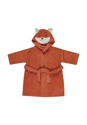 Oranger Frottee-Bademantel mit einer Kapuze in Form eines Fuchsgesichts, Ohren und einem gebundenen Gürtel. Verfügt über einen Knopfverschluss und ein gestreiftes Innenfutter.