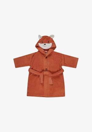 Oranger Frottee-Bademantel mit einer Kapuze in Form eines Fuchsgesichts, Ohren und einem gebundenen Gürtel. Verfügt über einen Knopfverschluss und ein gestreiftes Innenfutter.