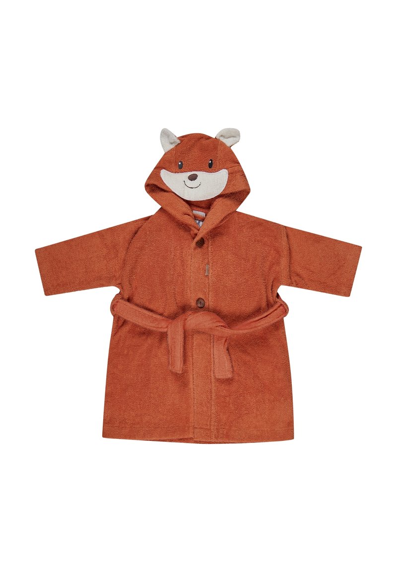 Orange terry cloth bathrobe with a fox face hood, ears, and a tied belt. Features button closure and a striped inner lining.