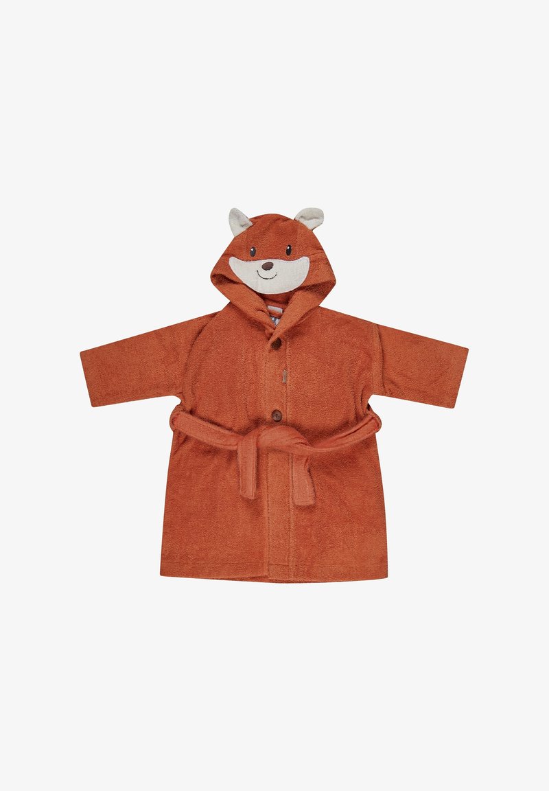 Orange terry cloth bathrobe with a fox face hood, ears, and a tied belt. Features button closure and a striped inner lining.