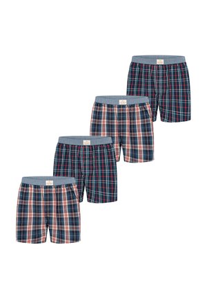 Four pairs of men's plaid boxer shorts in alternating red, navy, and white patterns with gray elastic waistbands.