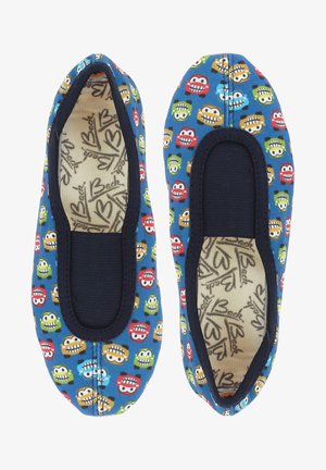 Ballet flats met een bovenwerk van blauwe stof, voorzien van een kleurrijk cartoonauto-patroon, elastische openingen en een beige met patroon gemaakte inlegzool.