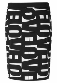 Schwarzer Rock mit auffälligem weißen Text in verschiedenen Größen. Mit enger Passform und elastischem Bund. Hergestellt aus glattem, dehnbarem Stoff.