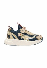Sneakers con una toma in rete blu navy, dettagli sintetici beige e una grafica di dinosauro. Suola in gomma con un motivo testurizzato e chiusura a strap.