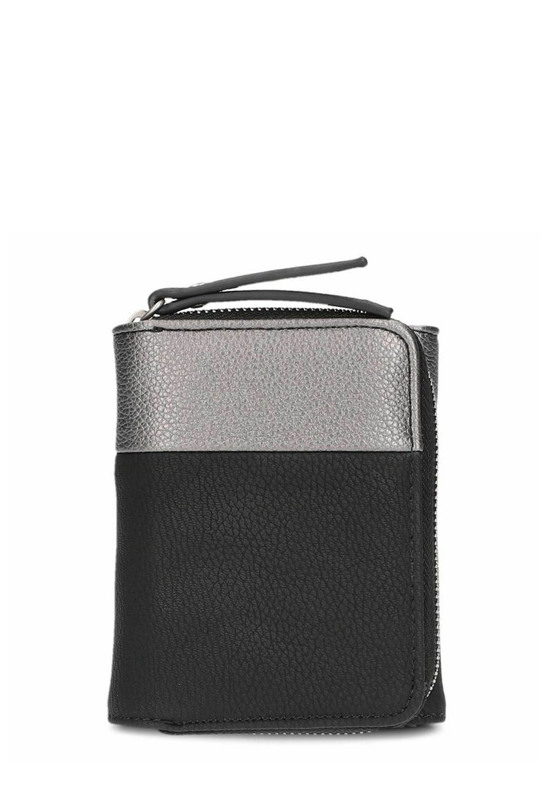 Cartera con cremallera negra y plata con un acabado de cuero texturizado, que presenta un diseño dividido con una sección superior metálica y una sección inferior lisa.