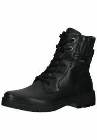 Botín negro con parte superior de cuero suave, cordones, ojales reforzados, collar acolchado y suela de goma texturizada para un agarre óptimo.