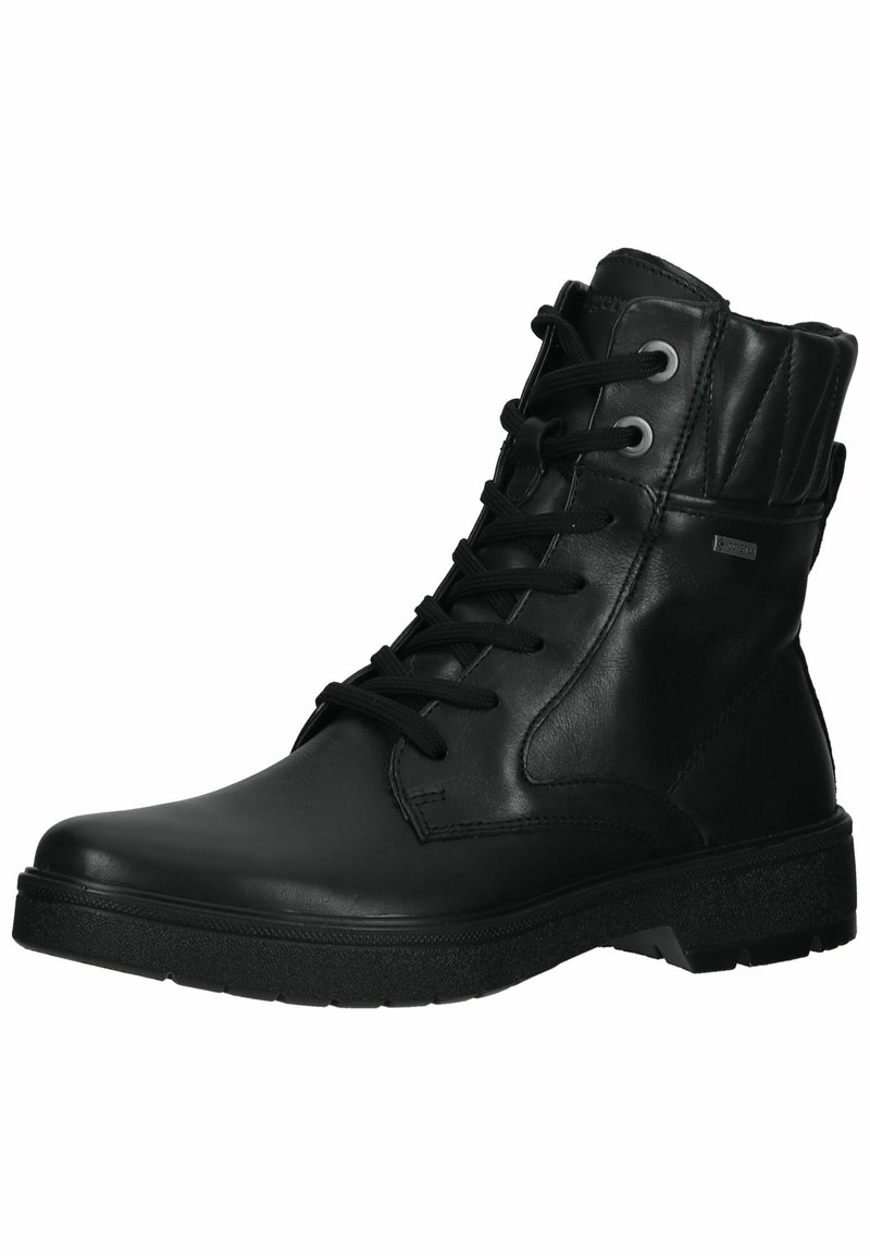 Botín negro con parte superior de cuero suave, cordones, ojales reforzados, collar acolchado y suela de goma texturizada para un agarre óptimo.