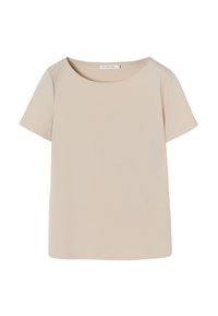 Beige t-shirt met korte mouwen en een ronde hals, gemaakt van zacht, lichtgewicht materiaal. Heeft een relaxte pasvorm en subtiele stikdetails.