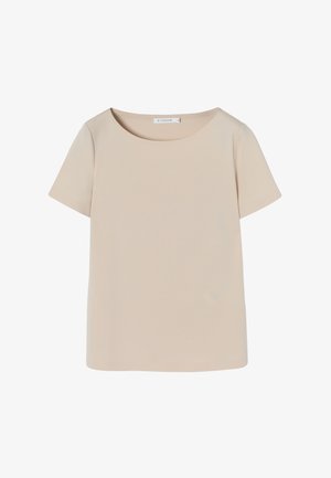 Camiseta de manga corta en tono beige con cuello redondo, fabricada en un tejido suave y ligero. Presenta un corte relajado y detalles de costura sutiles.