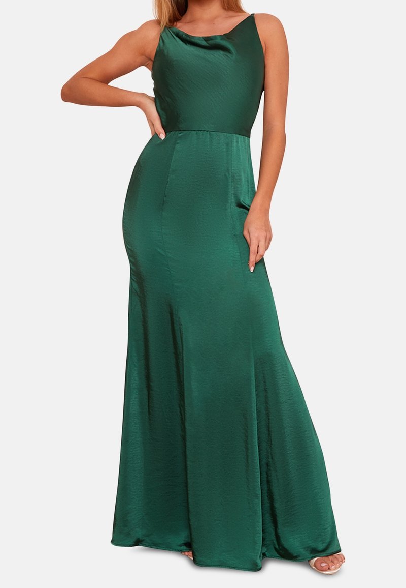 Grön sidentafta kvällsklänning med figurnära midja, cowl-uringning och utsvängd kjol. Har sidofickor och en mjuk, glänsande yta.