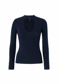 Maglione a coste blu navy con un design aderente, caratterizzato da un profondo scollo a barca e maniche lunghe con dettagli di bottoni sui polsini.