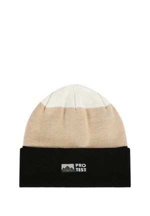 Knit beanie in beige and cream with a black foldover cuff. Features a logo patch in white and grey on the front.
