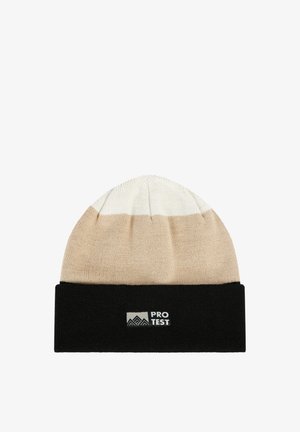 Knit beanie in beige and cream with a black foldover cuff. Features a logo patch in white and grey on the front.