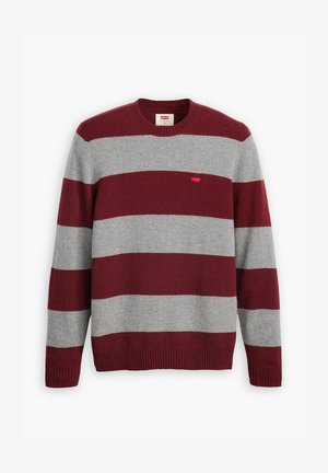 Red and grey striped sweater with a ribbed crew neckline and cuffs; features a small logo in red on the left chest. Soft texture, casual design.