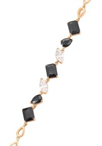 Bracciale dorato con pietre rettangolari e a marquise alternando nere e trasparenti, che presenta una finitura liscia e collegamenti intricati.