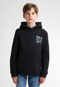 Zwarte hoodie van een katoenmix, met een voorzak, capuchon met trekkoord en een kleurrijk logo-ontwerp op de linkerborst.