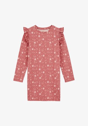 Vestido de manga larga en rosa empolvado, con patrones celestiales blancos. Los acentos de hombros con volantes y un escote redondo completan el diseño.