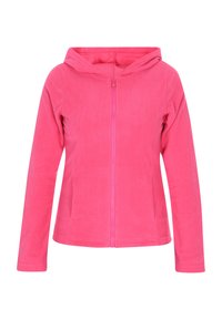 Giacca in microfibra rosa con zip frontale e cappuccio. Maniche lunghe, tessuto morbido, due tasche laterali e design aderente.