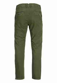 Pantaloni in cotone verde oliva con design a gamba dritta, due tasche posteriori e passanti per cintura. Tessuto liscio con una vestibilità casual.
