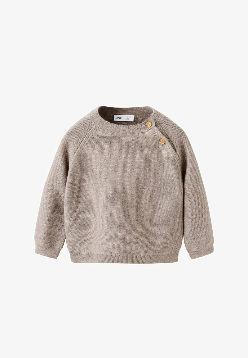 Pull beige en maille à manches longues avec deux boutons en bois près de l'encolure ronde et poignets et ourlet côtelés.