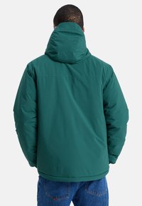 Groene geïsoleerde jas met een capuchon, met een soepele textuur en een losse pasvorm. De achterkant toont de naden en een gebogen zoom.
