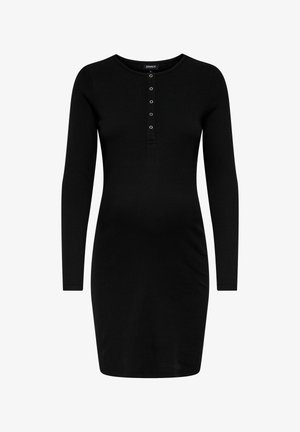 Robe noire à manches longues en tissu côtelé, avec un col rond et une patte de boutonnage à cinq boutons avec des accents métalliques.
