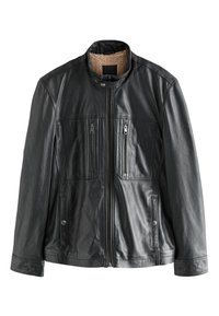 Veste en cuir noire avec fermeture éclair à l’avant, deux poches poitrine verticales zippées, col à boutons-pression et doublure polaire beige visible à l’intérieur du col.