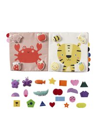 Soft fabric activity book featuring colorful animal illustrations, including a red crab and yellow tiger, with various textured felt shapes and toys.