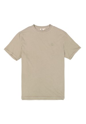 Korte mouw crew neck t-shirt in lichtbeige katoen, met een klein reliëflogo op de linkerkant van de borst en gestikte zoomdetails.