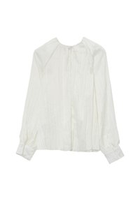 Blusa bianca a maniche lunghe con design plissettato, scollo rotondo e polsini con bottoni. Realizzata in un tessuto leggero e morbido.